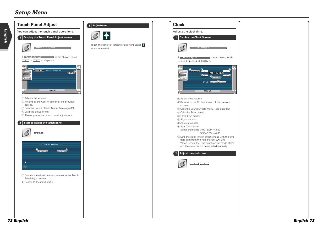 Setup menu, Clock, Touch panel adjust | English english 73 72 english | Kenwood KVT-815DVD User Manual | Page 37 / 46