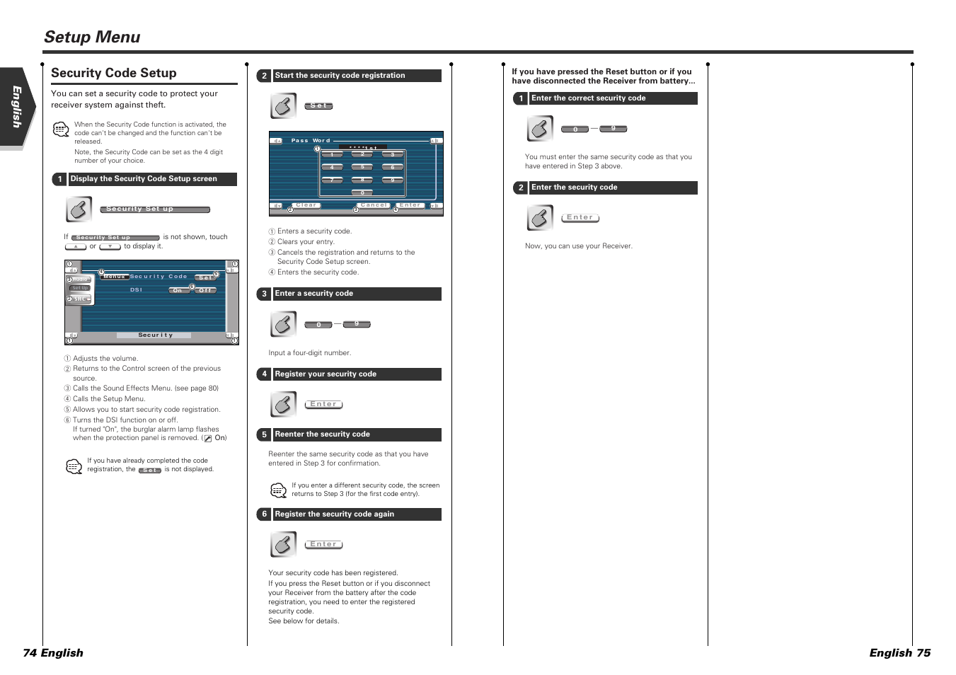 Setup menu, Security code setup, English 74 english english 75 | Kenwood KVT-815DVD User Manual | Page 38 / 46