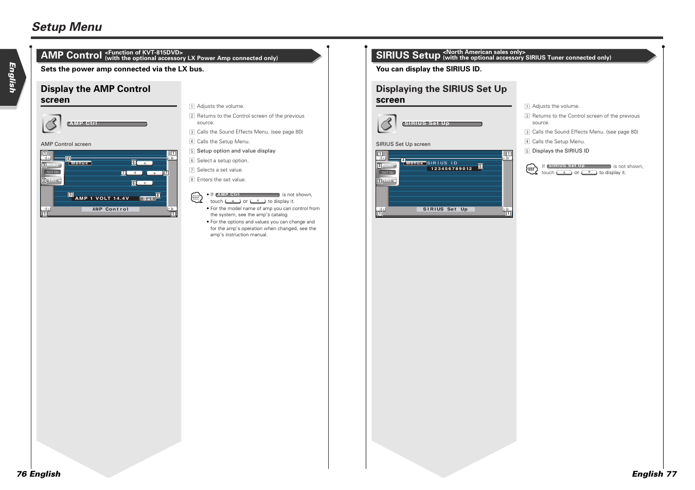 Setup menu, Sirius setup, Amp control | Displaying the sirius set up screen, Display the amp control screen, English english 77 76 english | Kenwood KVT-815DVD User Manual | Page 39 / 46