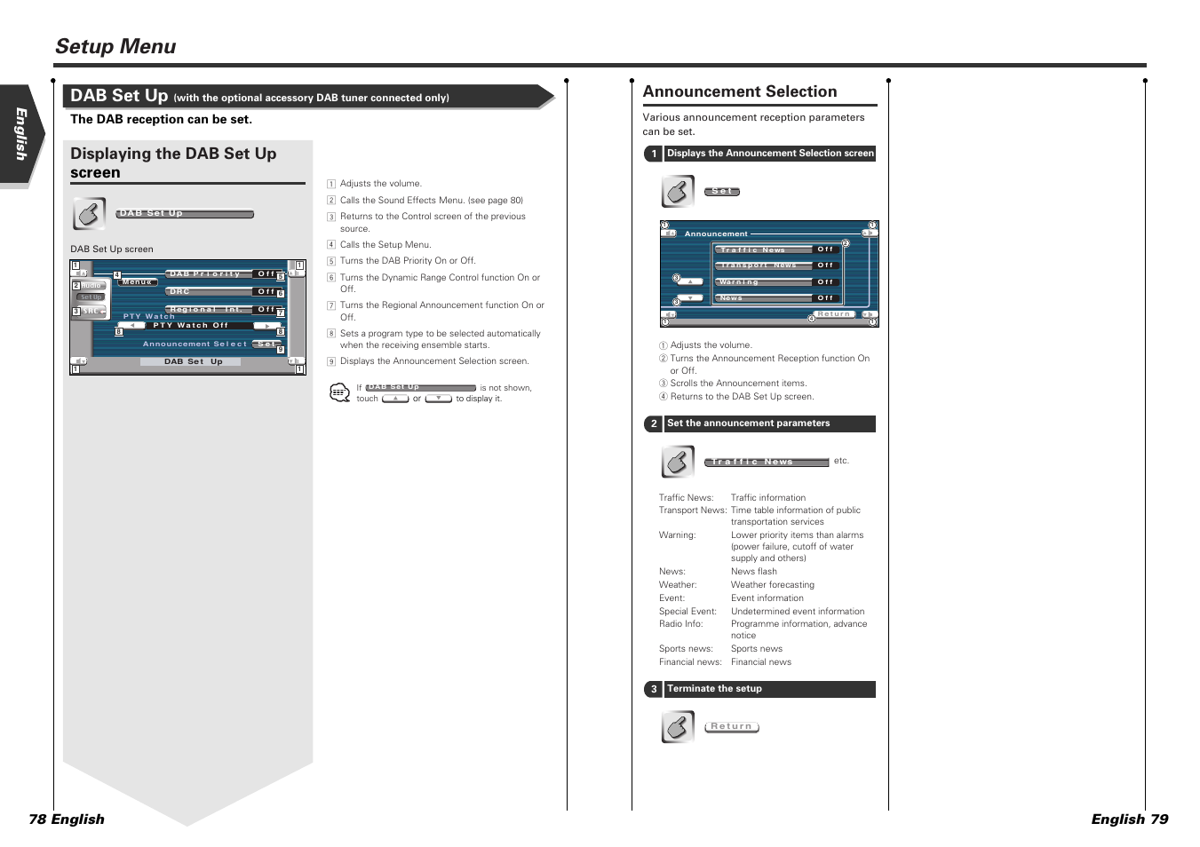 Setup menu, Dab set up, Announcement selection | Displaying the dab set up screen, English 78 english english 79, The dab reception can be set | Kenwood KVT-815DVD User Manual | Page 40 / 46