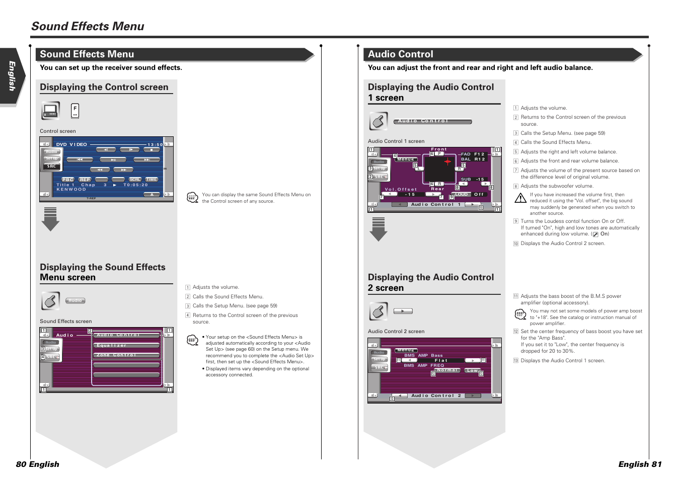 Sound effects menu, Audio control, Displaying the control screen | Displaying the sound effects menu screen, Displaying the audio control 1 screen, Displaying the audio control 2 screen, English english 81 80 english, You can set up the receiver sound effects | Kenwood KVT-815DVD User Manual | Page 41 / 46