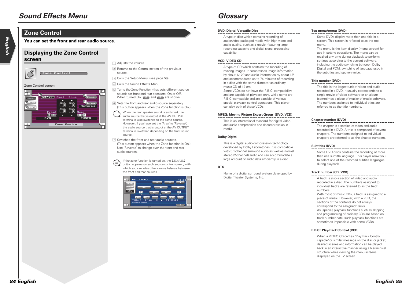 Glossary, Sound effects menu, Zone control | Displaying the zone control screen, English 85, English 84 english, You can set the front and rear audio source | Kenwood KVT-815DVD User Manual | Page 43 / 46