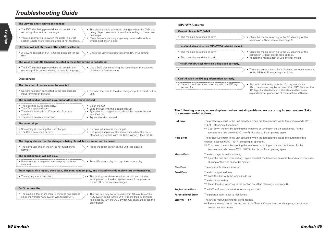 Troubleshooting guide, English 89, English 88 english | Kenwood KVT-815DVD User Manual | Page 45 / 46