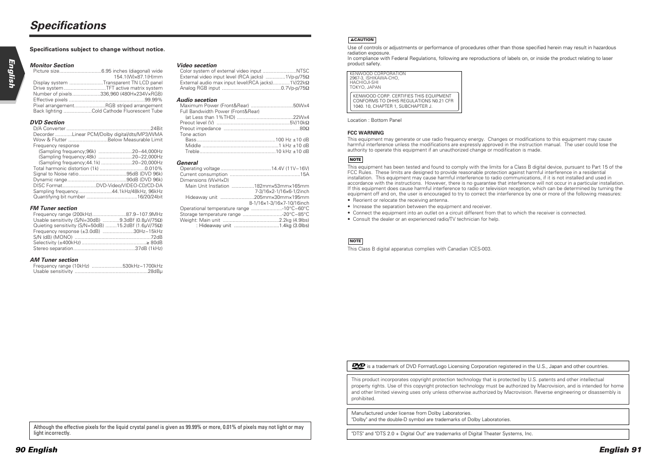 Specifications, English 91, English 90 english | Kenwood KVT-815DVD User Manual | Page 46 / 46