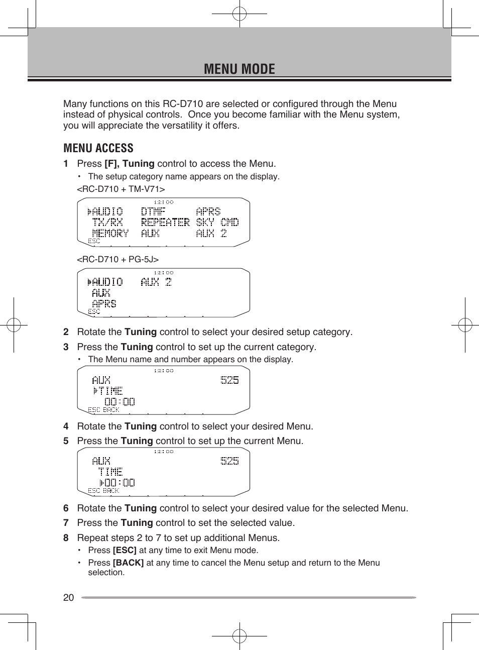 Menu mode, Menu access | Kenwood RC-D10 User Manual | Page 26 / 41