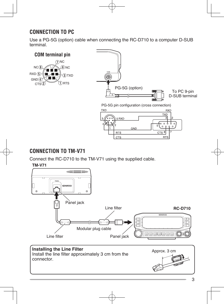 Connection to pc, Connection to tm-v71, Com terminal pin | Kenwood RC-D10 User Manual | Page 9 / 41