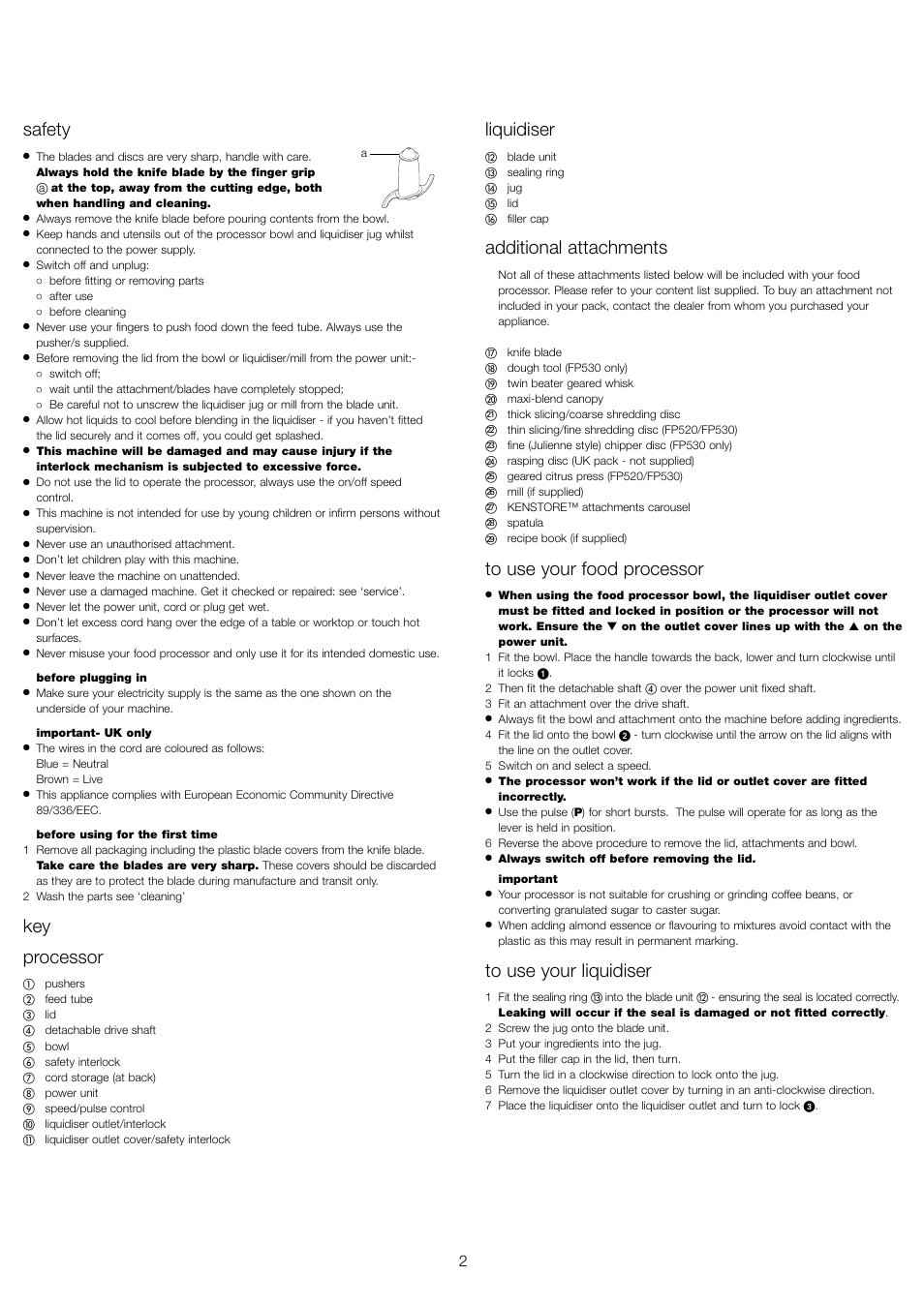 Liquidiser, Additional attachments, Safety | Key processor | Kenwood FP520 series User Manual | Page 3 / 9