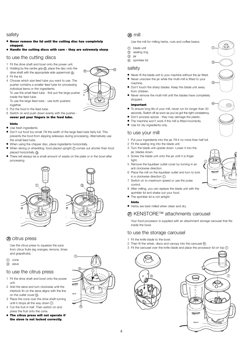 Safety, Citrus press, Mill | Kenstore™ attachments carousel | Kenwood FP520 series User Manual | Page 5 / 9
