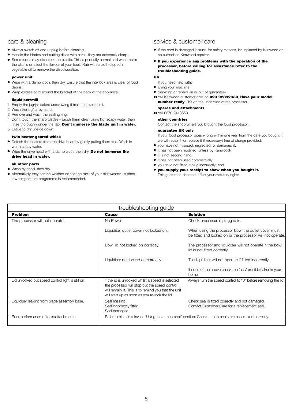 Care & cleaning, Service & customer care, Troubleshooting guide | Kenwood FP520 series User Manual | Page 6 / 9