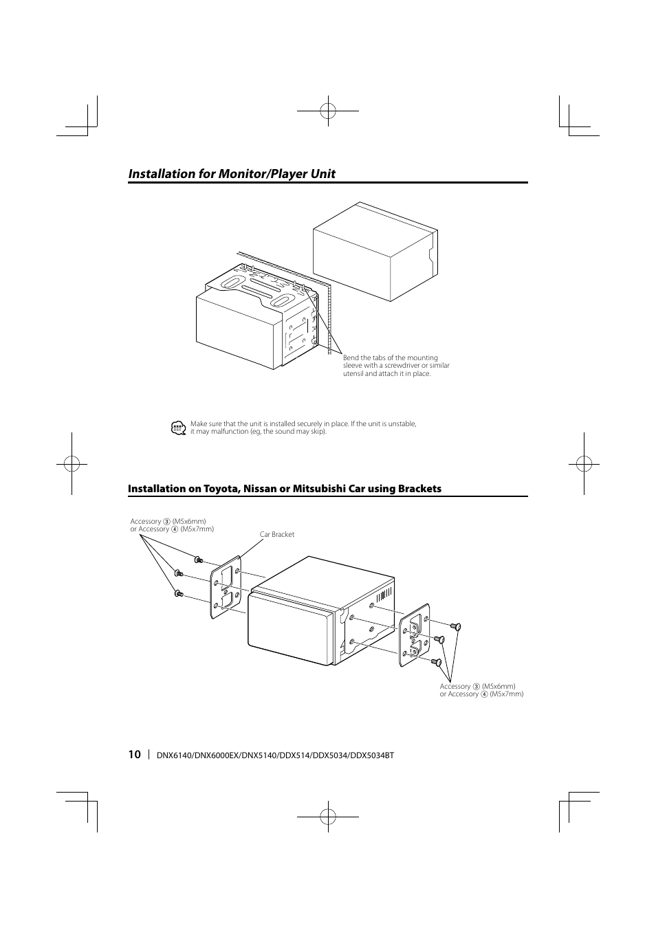 Installation for monitor/player unit | Kenwood DDX5034 User Manual | Page 10 / 32