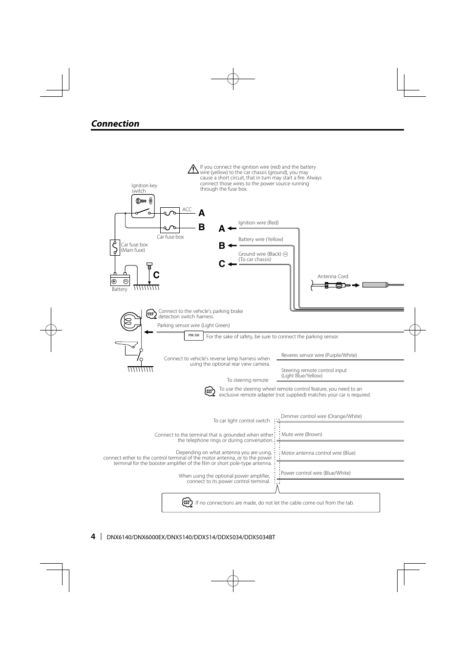 Connection b c, Bc a a | Kenwood DDX5034 User Manual | Page 4 / 32