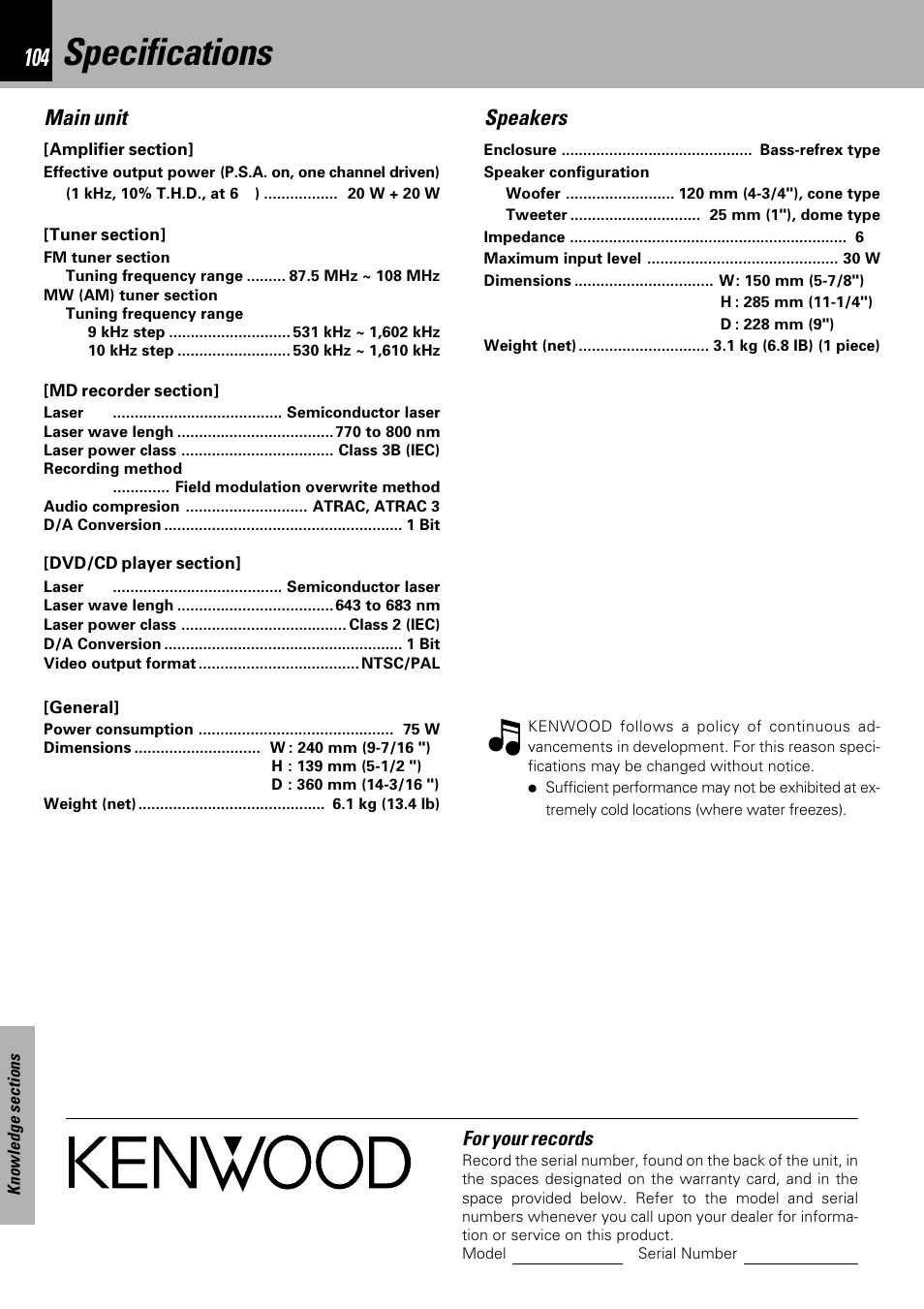 Specifications, Main unit, Speakers | For your records | Kenwood HM-DV6MD User Manual | Page 104 / 104