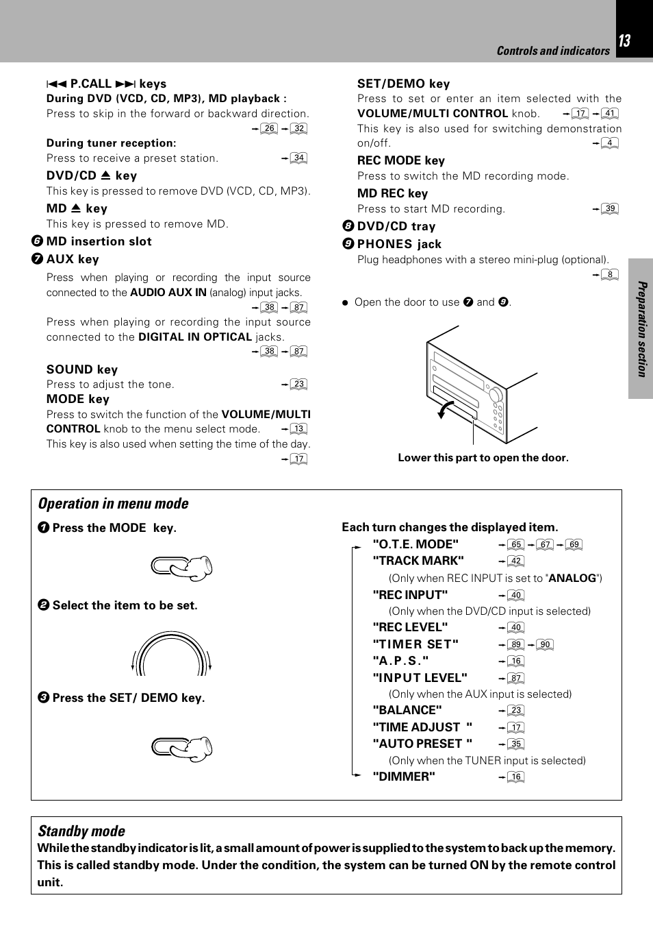 Operation in menu mode, Standby mode | Kenwood HM-DV6MD User Manual | Page 13 / 104