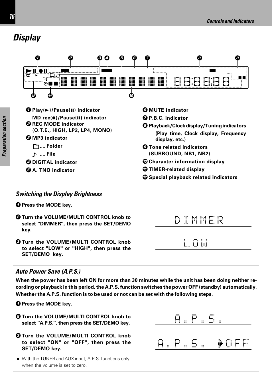 Display, P a . s . o f f, A . p . s . l o w | Auto power save (a.p.s.), Switching the display brightness | Kenwood HM-DV6MD User Manual | Page 16 / 104