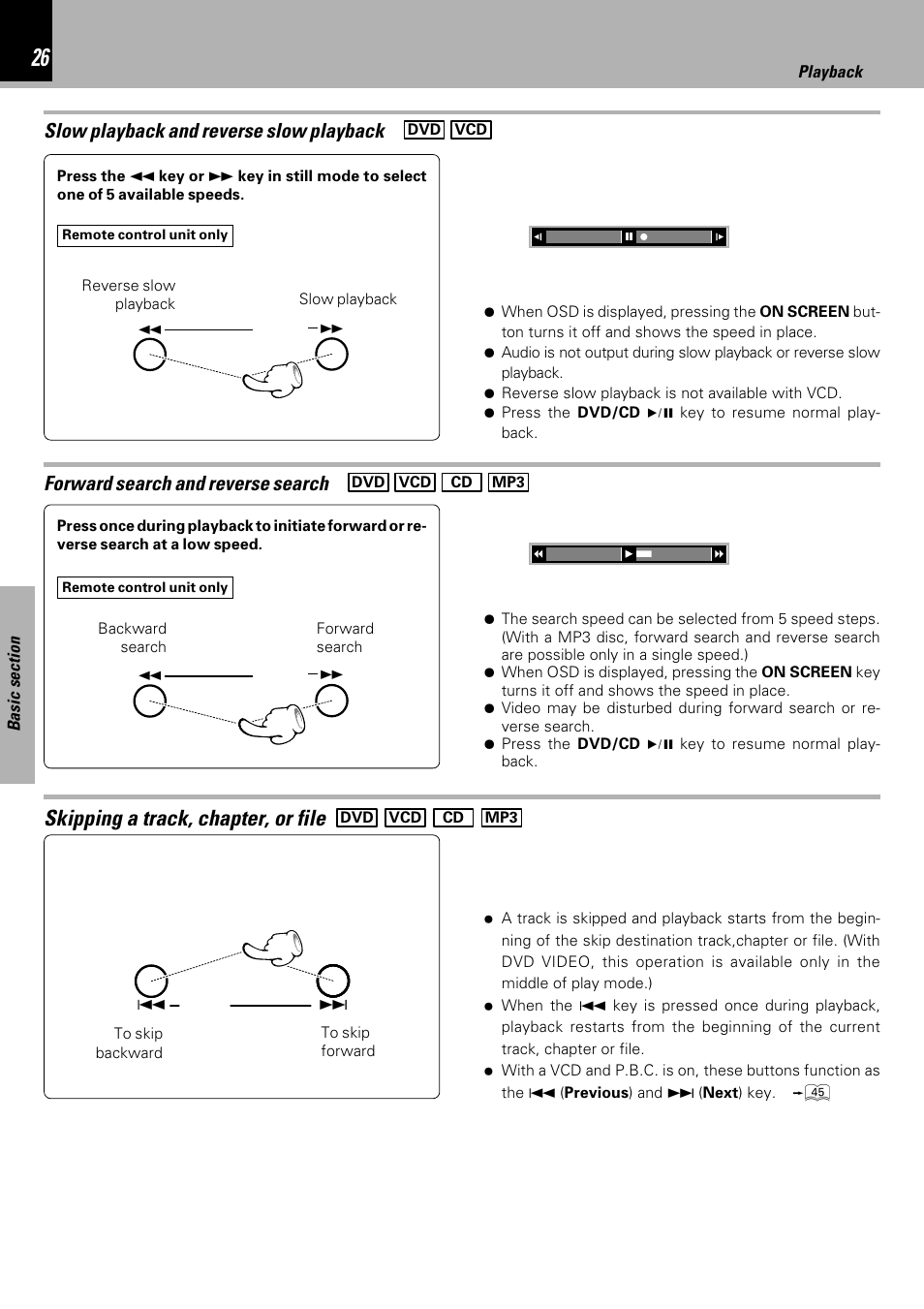 Skipping a track, chapter, or file, Forward search and reverse search, Slow playback and reverse slow playback | Kenwood HM-DV6MD User Manual | Page 26 / 104