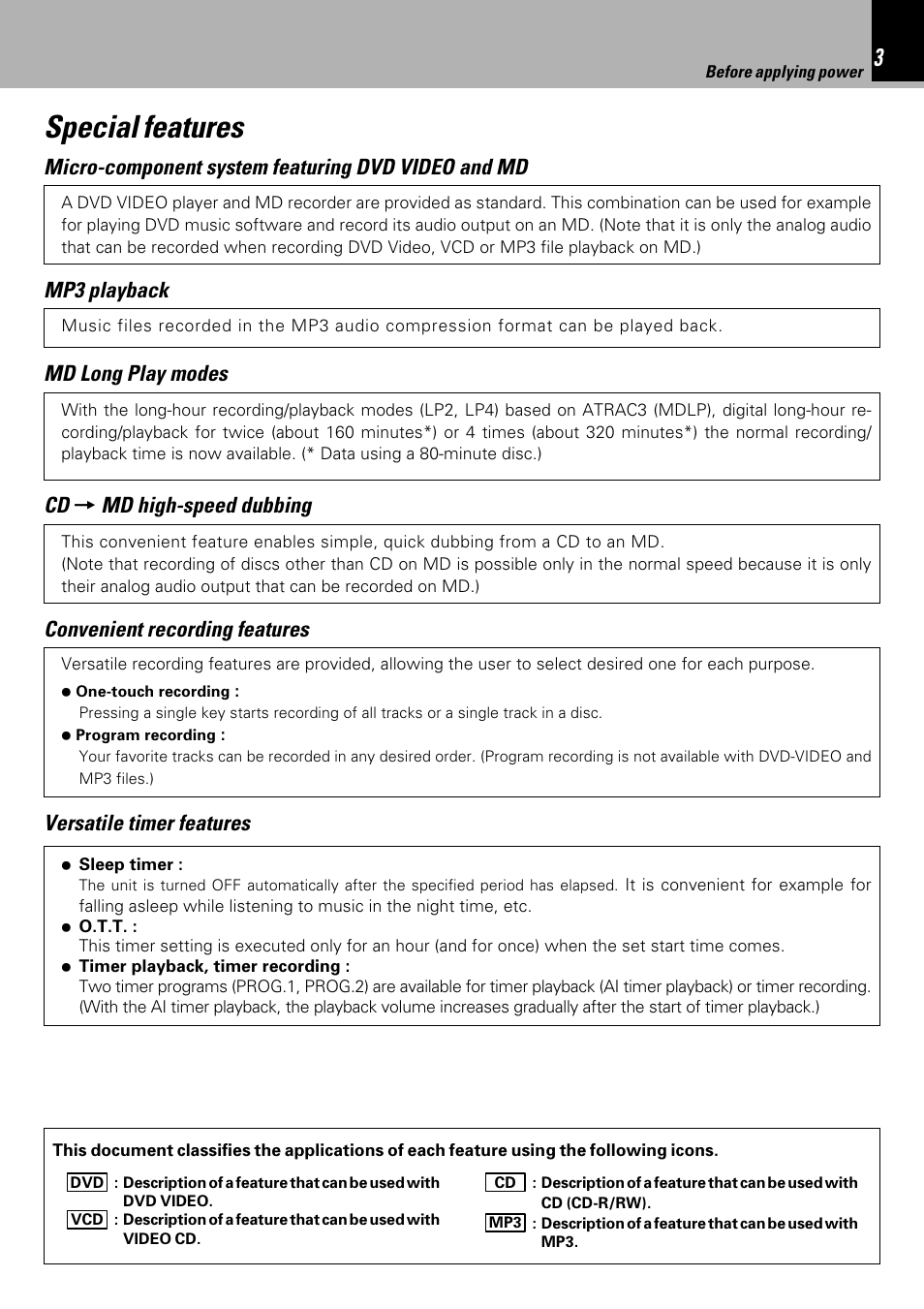 Special features, Cd = md high-speed dubbing, Md long play modes | Versatile timer features, Convenient recording features, Micro-component system featuring dvd video and md, Mp3 playback | Kenwood HM-DV6MD User Manual | Page 3 / 104