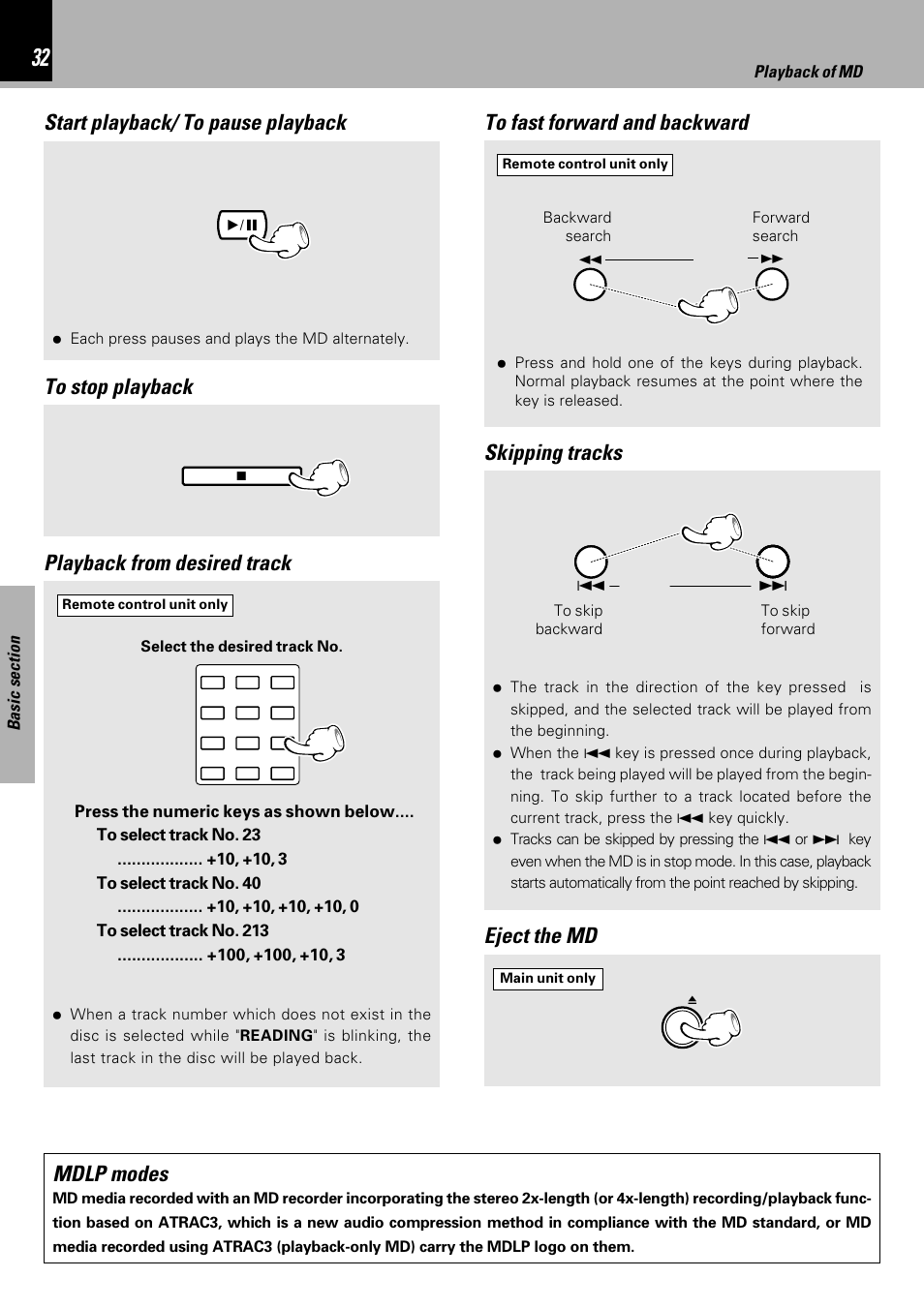 Start playback/ to pause playback, Mdlp modes, Playback of md | Kenwood HM-DV6MD User Manual | Page 32 / 104