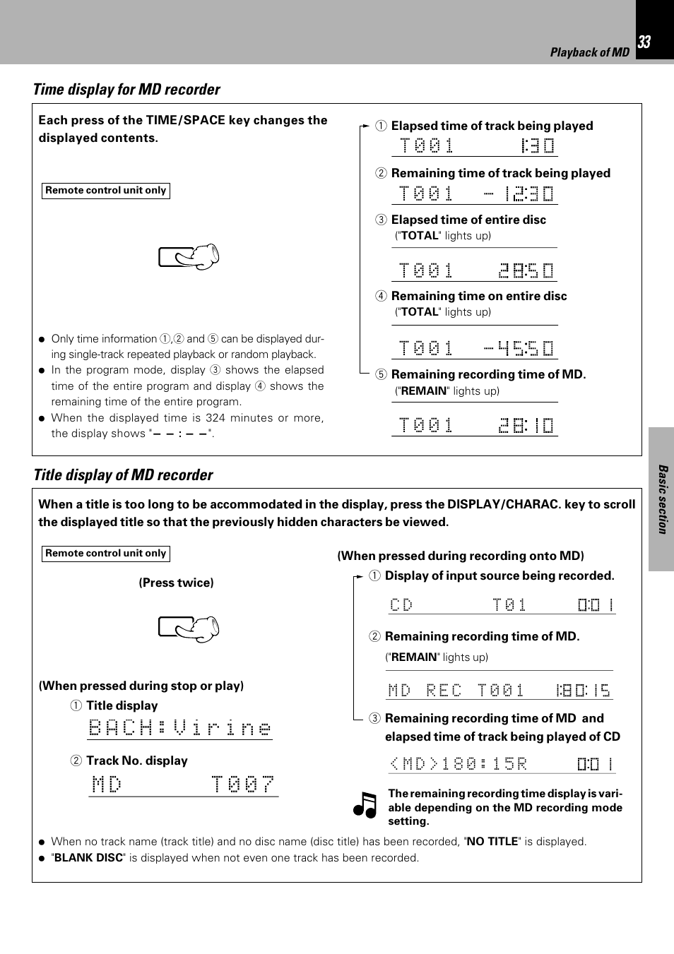 0t 0 1, Time display for md recorder, Title display of md recorder | Dc t 0 1 | Kenwood HM-DV6MD User Manual | Page 33 / 104