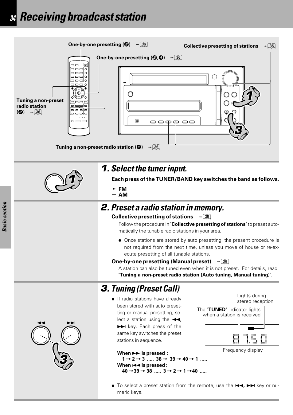 Receiving broadcast station, Select the tuner input, Tuning (preset call) | Kenwood HM-DV6MD User Manual | Page 34 / 104