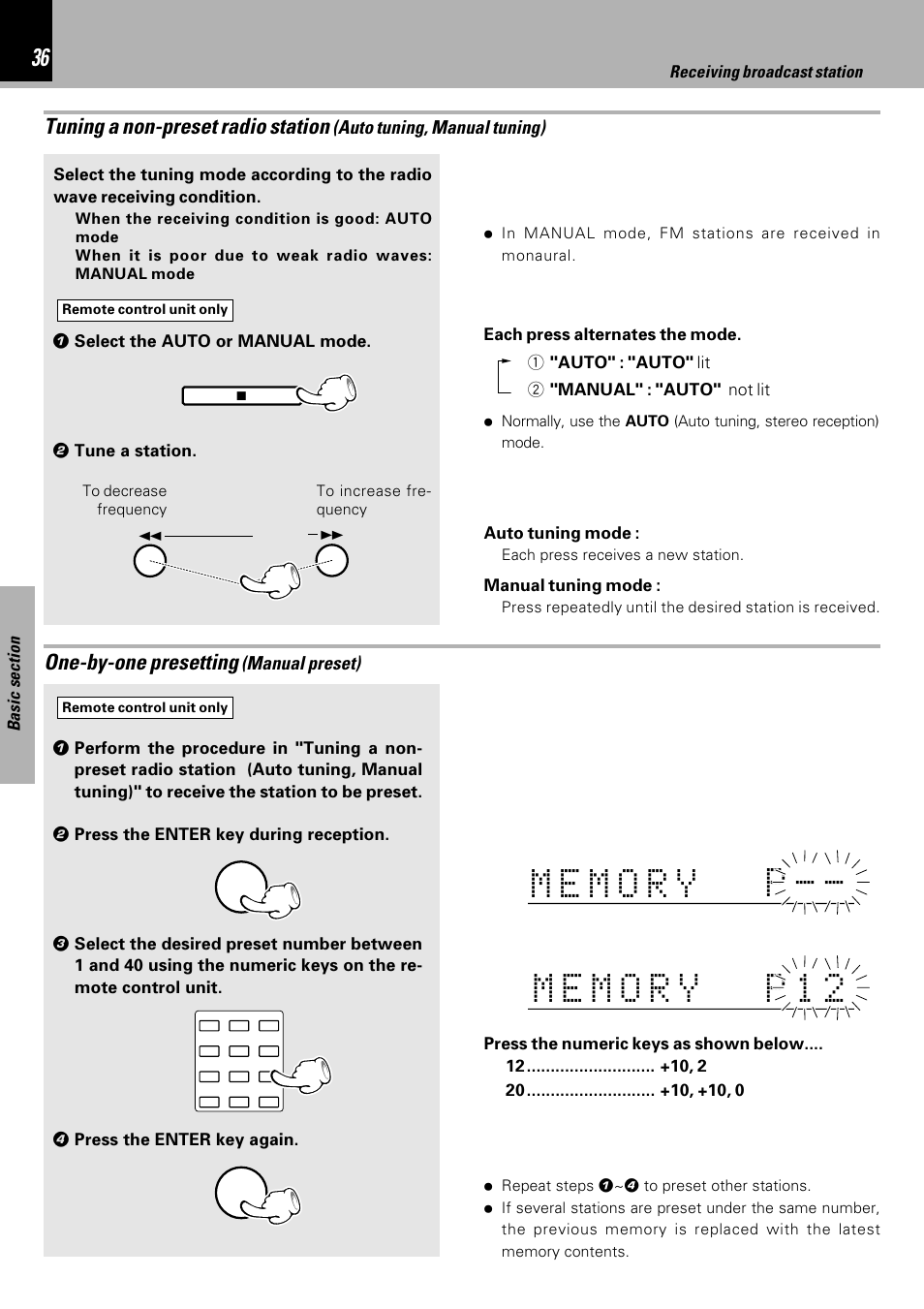 One-by-one presetting (manual preset), One-by-one presetting, Tuning a non-preset radio station | Manual preset), Auto tuning, manual tuning) | Kenwood HM-DV6MD User Manual | Page 36 / 104