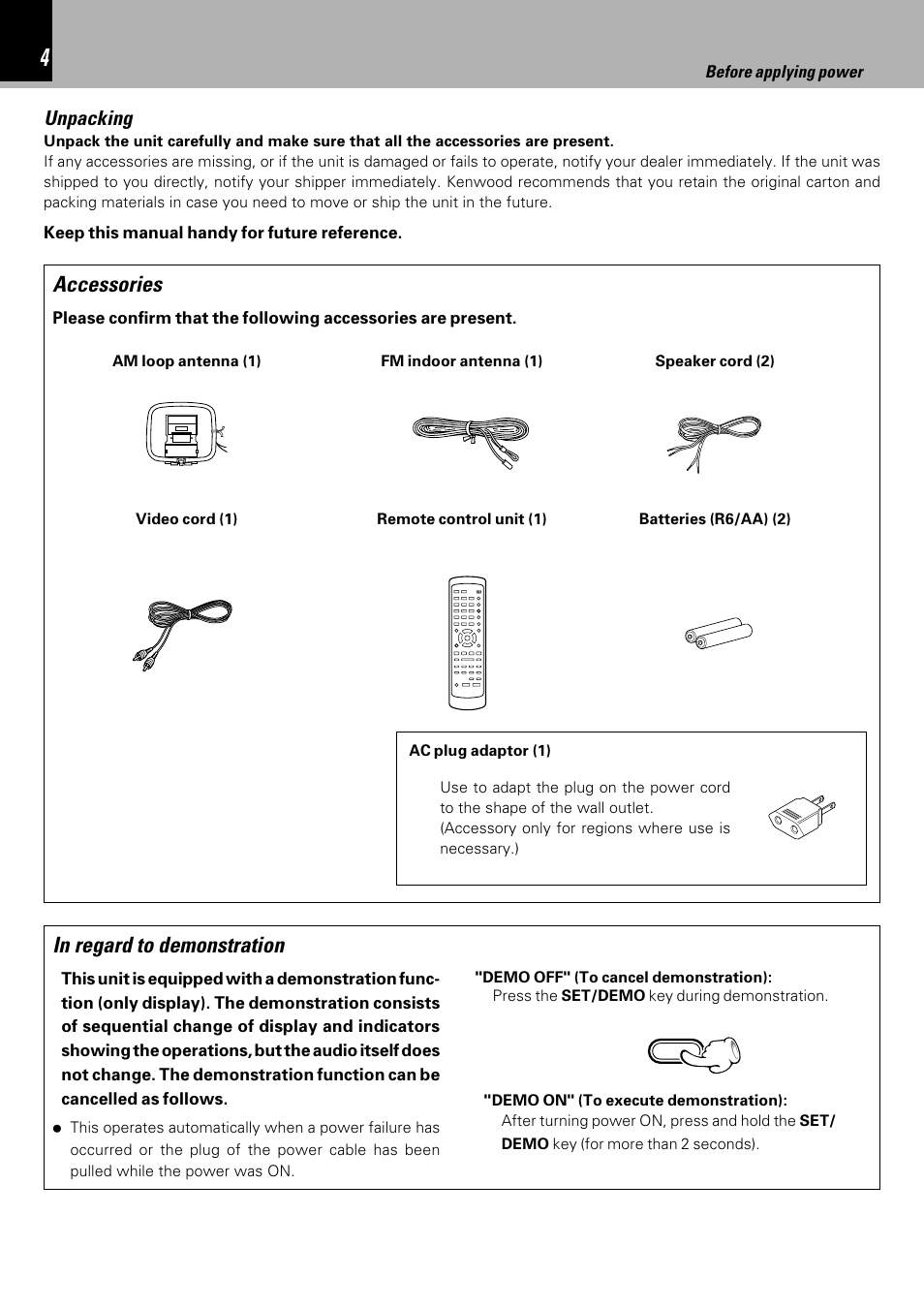 Accessories, Unpacking | Kenwood HM-DV6MD User Manual | Page 4 / 104