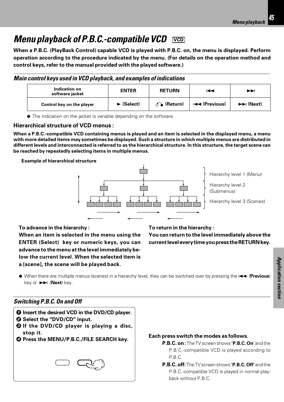 Menu playback of p.b.c.-compatible vcd, Switching p.b.c. on and off | Kenwood HM-DV6MD User Manual | Page 45 / 104