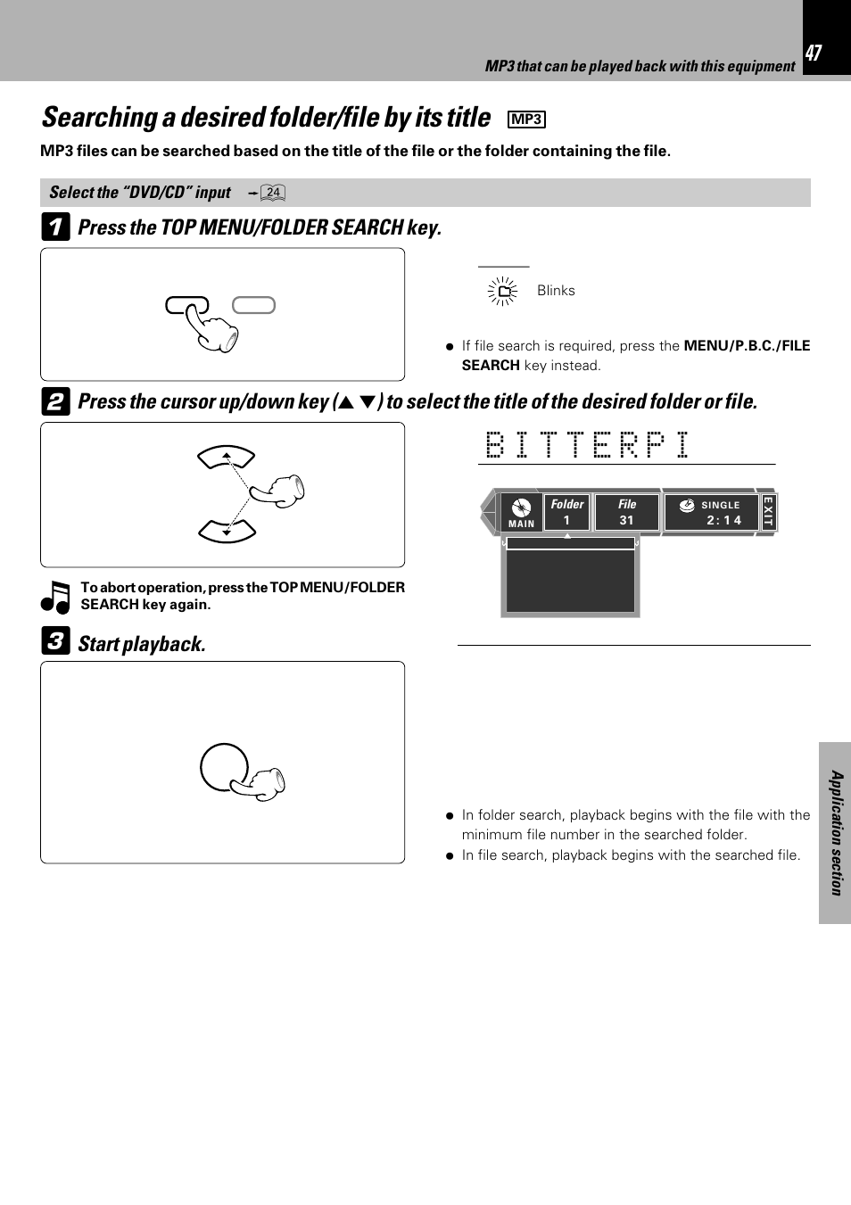 Searching a desired folder/file by its title, Press the top menu/folder search key, Start playback | Kenwood HM-DV6MD User Manual | Page 47 / 104
