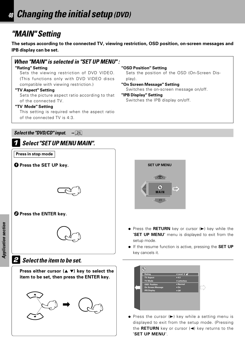 Changing the initial setup (dvd), Main" setting, Changing the initial setup | Dvd), Select "set up menu main, Select the item to be set, When "main" is selected in "set up menu, Select the "dvd/cd" input | Kenwood HM-DV6MD User Manual | Page 48 / 104
