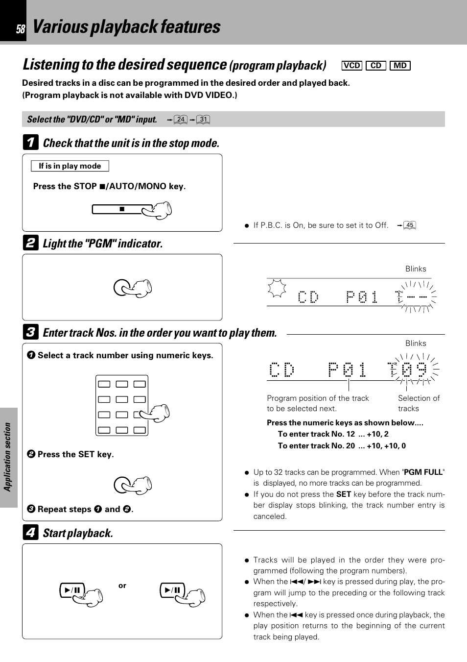 Various playback features, Dc p 0 1 t 0 9, Listening to the desired sequence | Dc p 0 1 t, Program playback), Light the "pgm" indicator | Kenwood HM-DV6MD User Manual | Page 58 / 104