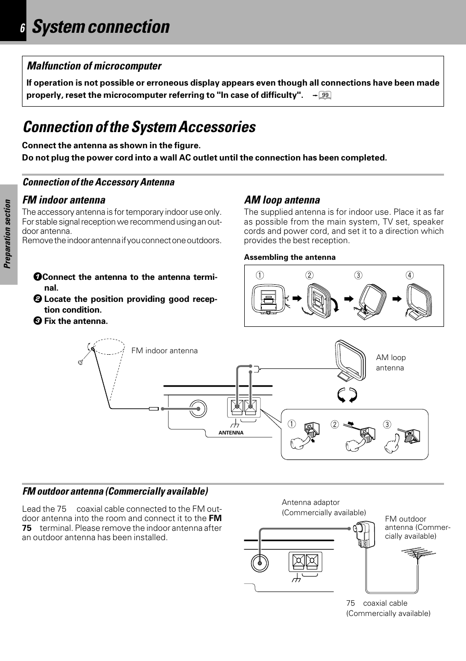 System connection, Connection of the system accessories, Am loop antenna | Fm indoor antenna, Malfunction of microcomputer | Kenwood HM-DV6MD User Manual | Page 6 / 104