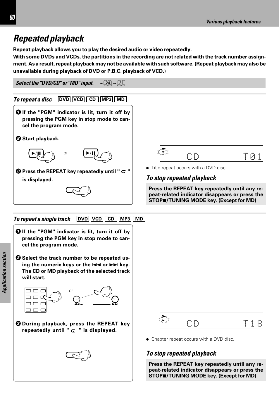 Repeated playback, Dc t 0 1, Dc t 1 8 | Select the "dvd/cd" or "md" input | Kenwood HM-DV6MD User Manual | Page 60 / 104