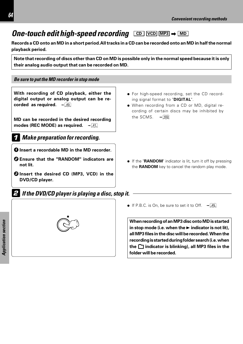 One-touch edit high-speed recording, Make preparation for recording, If the dvd/cd player is playing a disc, stop it | Kenwood HM-DV6MD User Manual | Page 64 / 104
