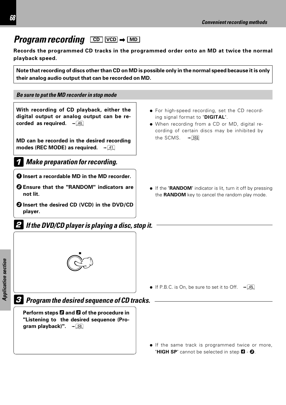 Program recording, Make preparation for recording, If the dvd/cd player is playing a disc, stop it | Program the desired sequence of cd tracks | Kenwood HM-DV6MD User Manual | Page 68 / 104