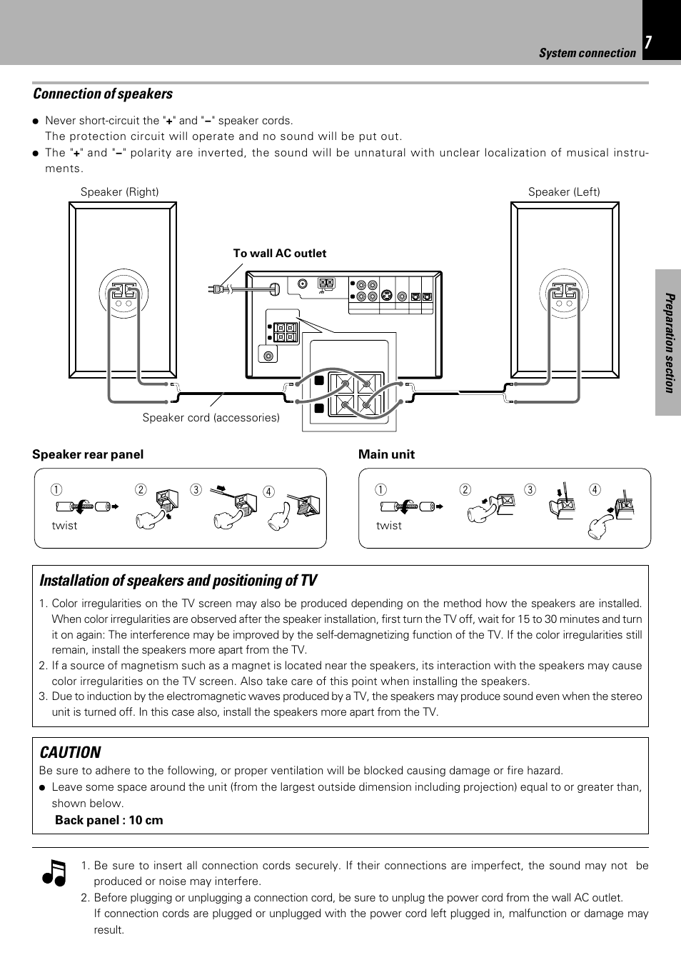 Installation of speakers and positioning of tv, Caution, Connection of speakers | System connection, Main unit, Speaker rear panel, Back panel : 10 cm | Kenwood HM-DV6MD User Manual | Page 7 / 104