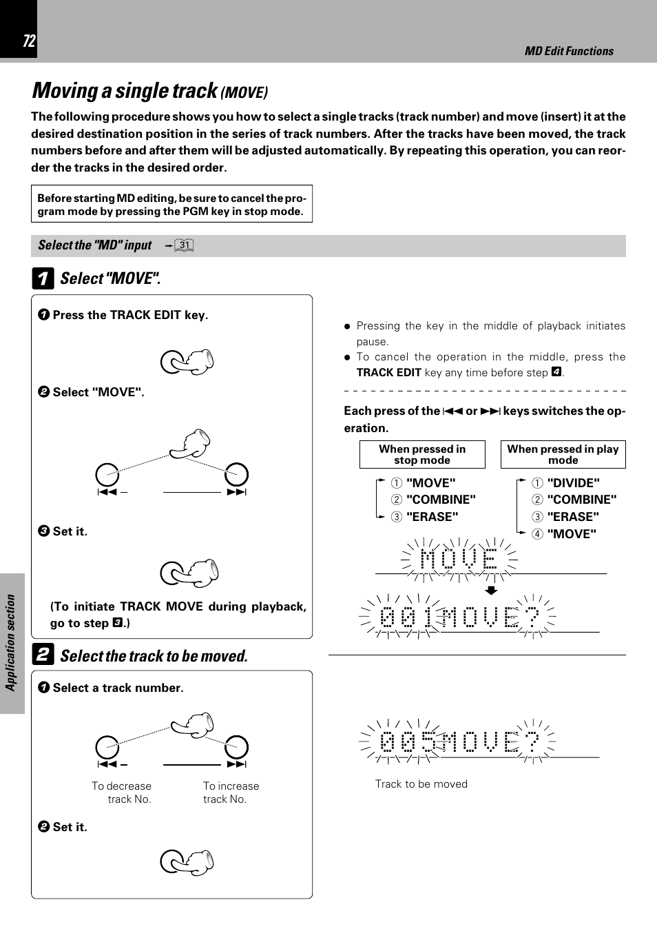 Moving a single track (move), 0 1 0 m o v e, 0 5 0 m o v e | M o v e, Moving a single track, Select "move, Select the track to be moved | Kenwood HM-DV6MD User Manual | Page 72 / 104