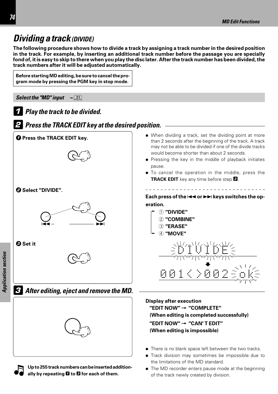 Dividing a track (divide), Dividing a track, After editing, eject and remove the md | Kenwood HM-DV6MD User Manual | Page 74 / 104