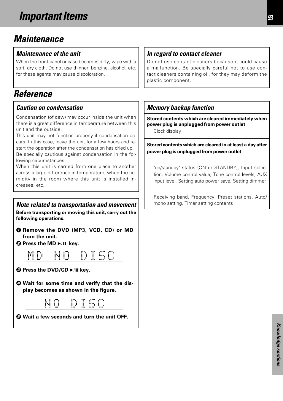 Important items, Maintenance, Reference | Maintenance reference | Kenwood HM-DV6MD User Manual | Page 93 / 104