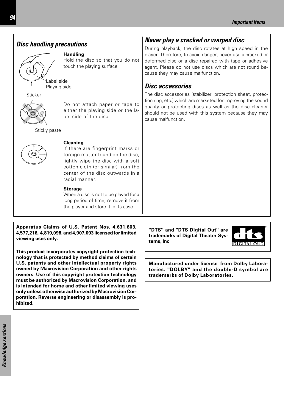 Never play a cracked or warped disc, Disc handling precautions, Disc accessories | Kenwood HM-DV6MD User Manual | Page 94 / 104