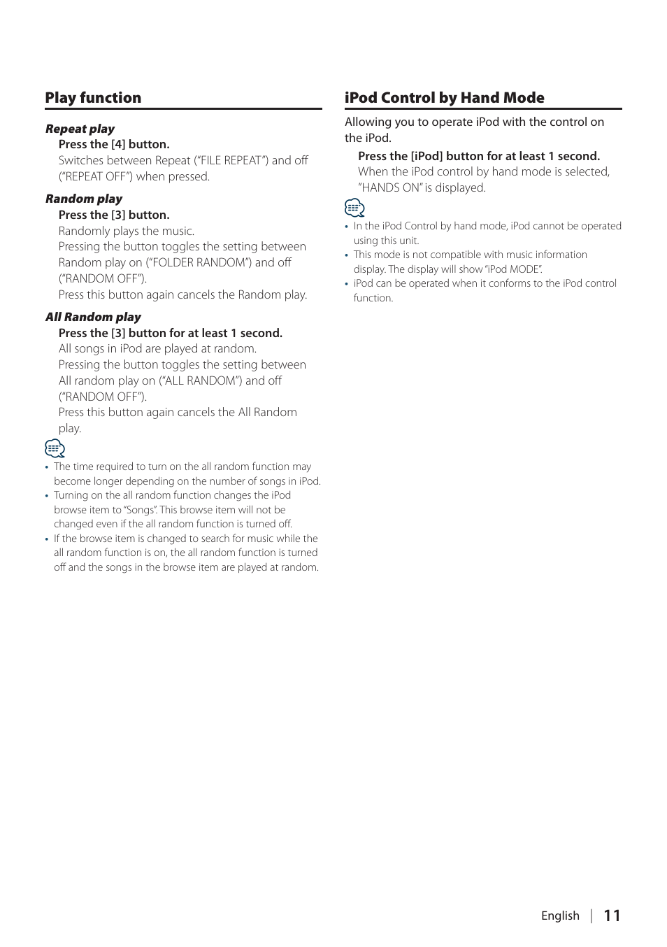 Play function, Ipod control by hand mode, Play function ipod control by hand mode | Kenwood DPX308U User Manual | Page 11 / 41