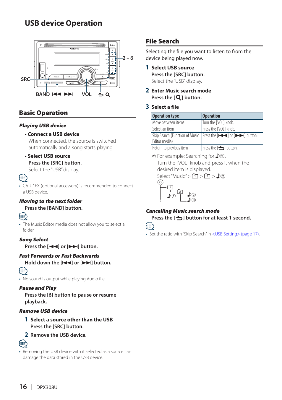 Usb device operation, Basic operation, File search | Basic operation file search | Kenwood DPX308U User Manual | Page 16 / 41