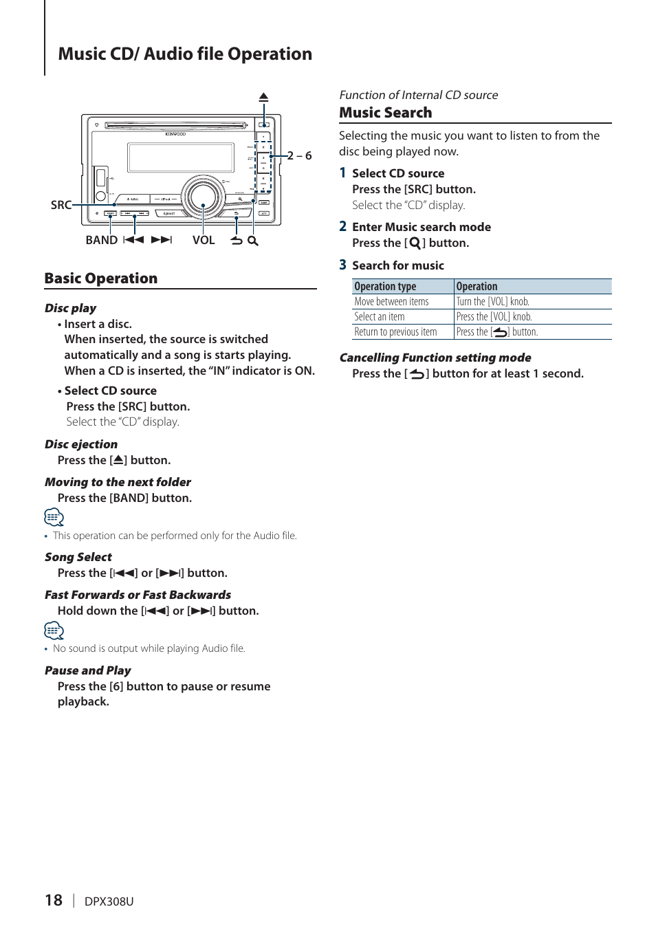 Music cd/ audio file operation, Basic operation, Music search | Basic operation music search | Kenwood DPX308U User Manual | Page 18 / 41