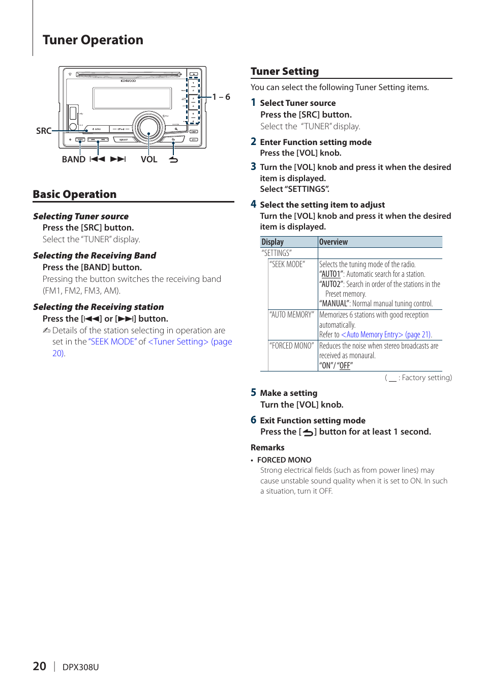 Tuner operation, Basic operation, Tuner setting | Basic operation tuner setting | Kenwood DPX308U User Manual | Page 20 / 41