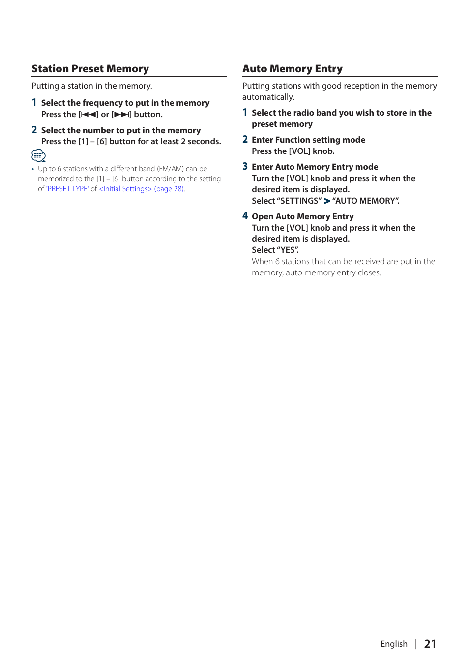 Station preset memory, Auto memory entry, Station preset memory auto memory entry | Kenwood DPX308U User Manual | Page 21 / 41