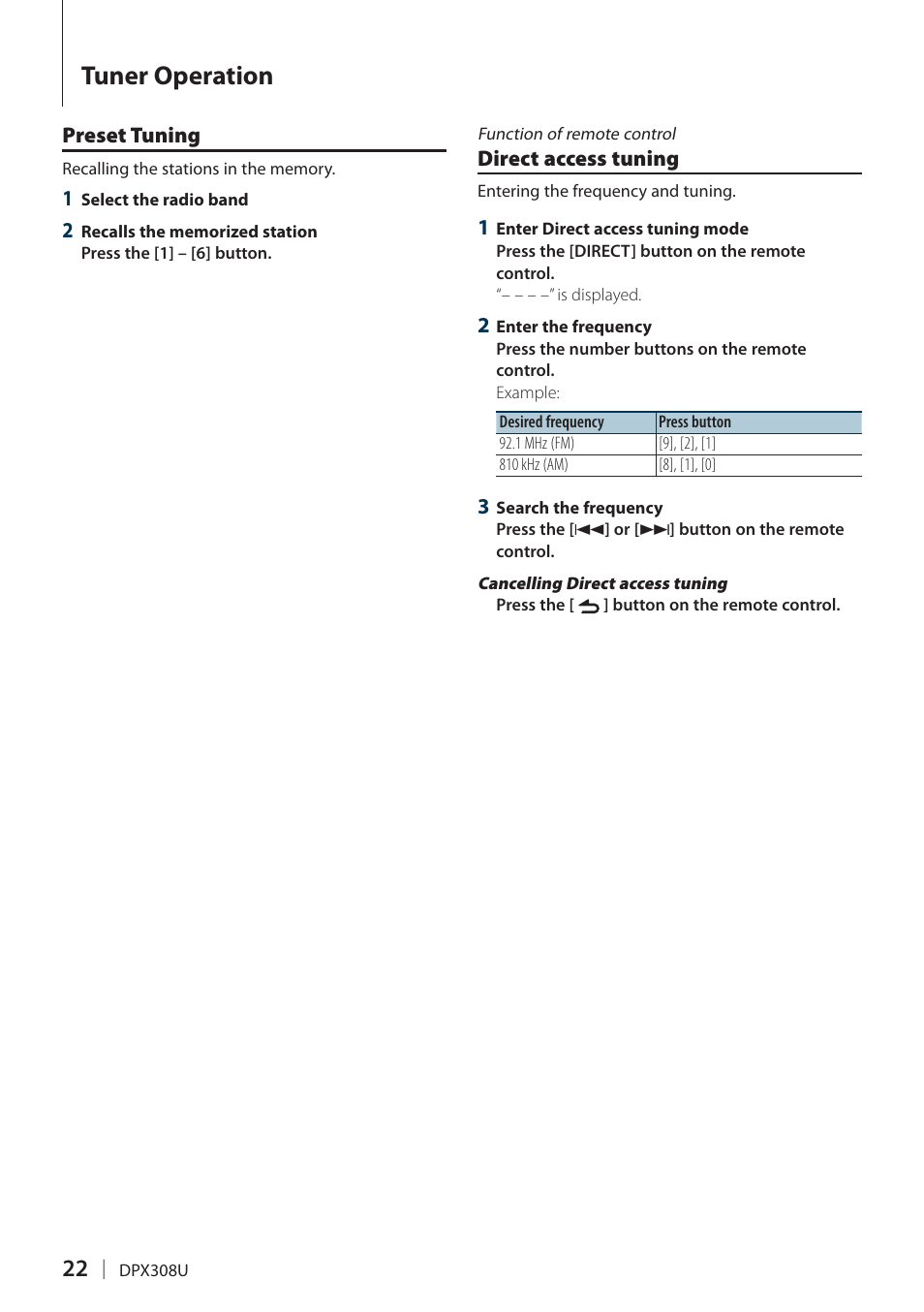 Preset tuning, Direct access tuning, Preset tuning direct access tuning | Tuner operation | Kenwood DPX308U User Manual | Page 22 / 41