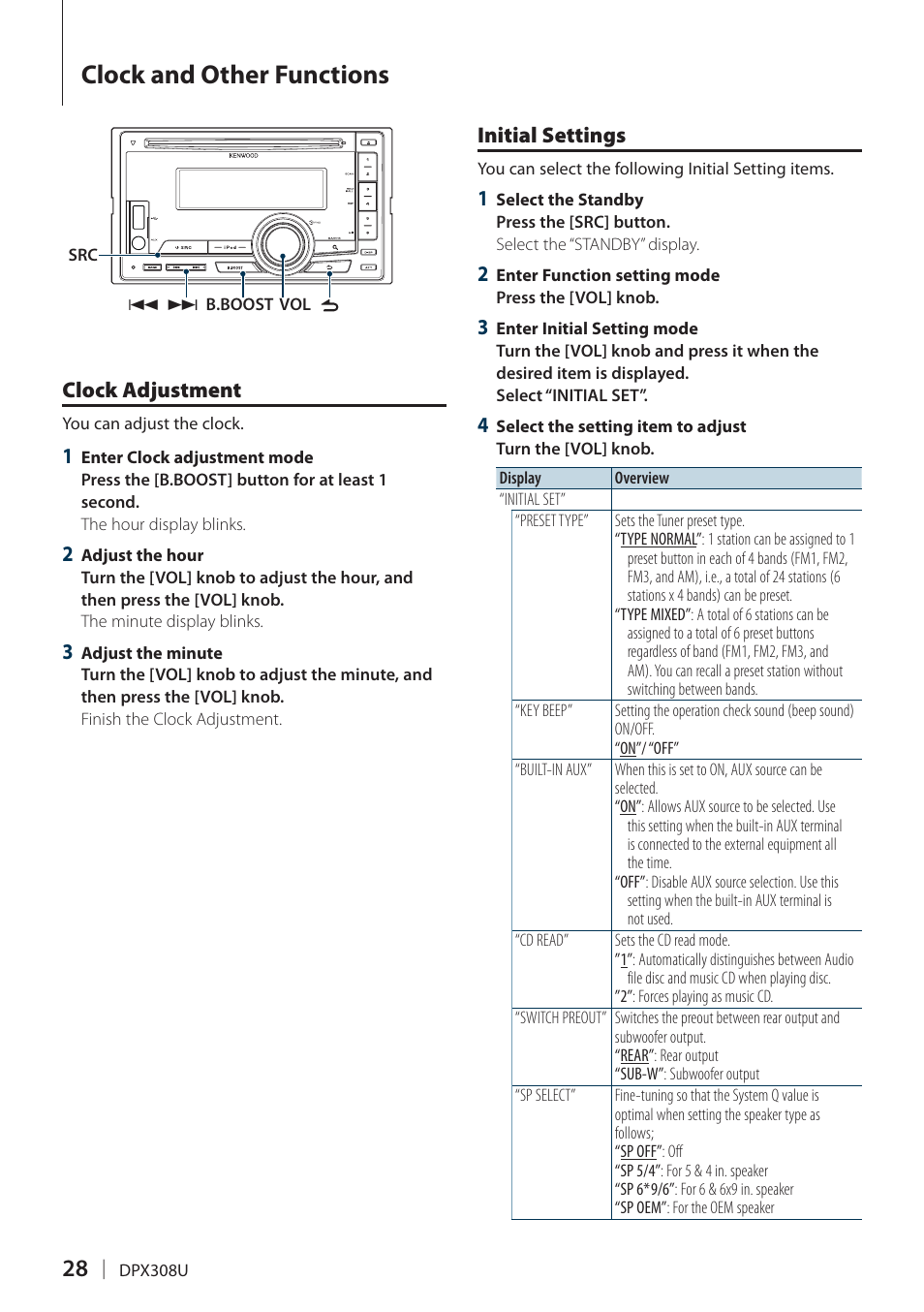 Clock and other functions, Clock adjustment, Initial settings | Clock adjustment initial settings | Kenwood DPX308U User Manual | Page 28 / 41