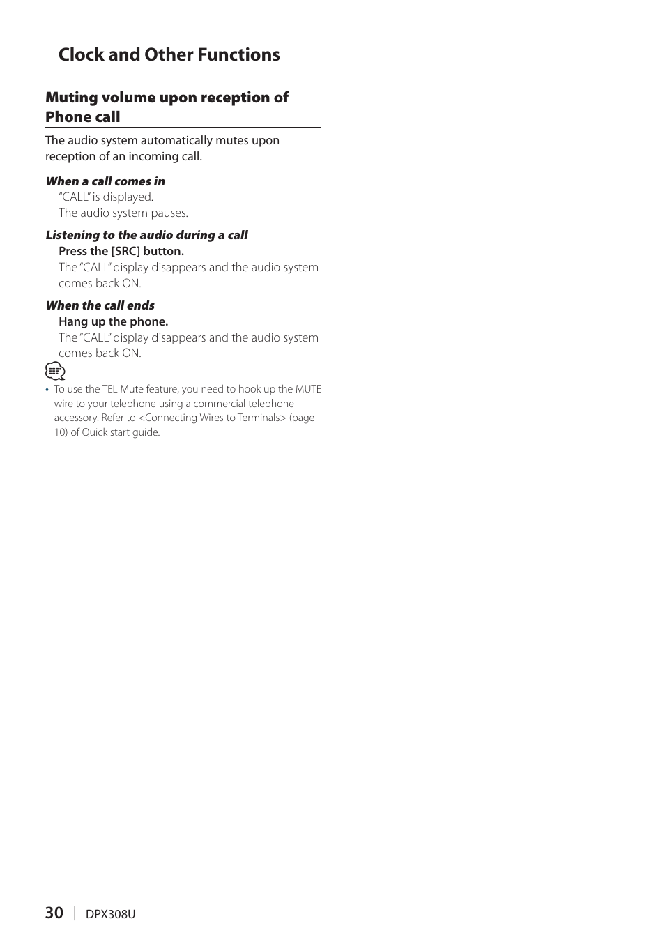 Muting volume upon reception of phone call, Clock and other functions | Kenwood DPX308U User Manual | Page 30 / 41