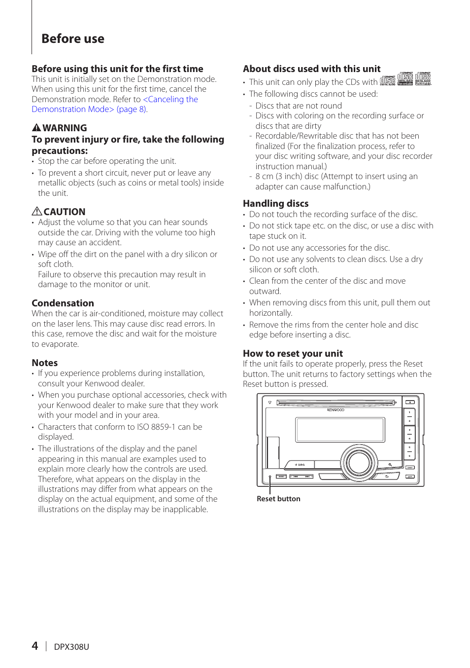 Before use | Kenwood DPX308U User Manual | Page 4 / 41