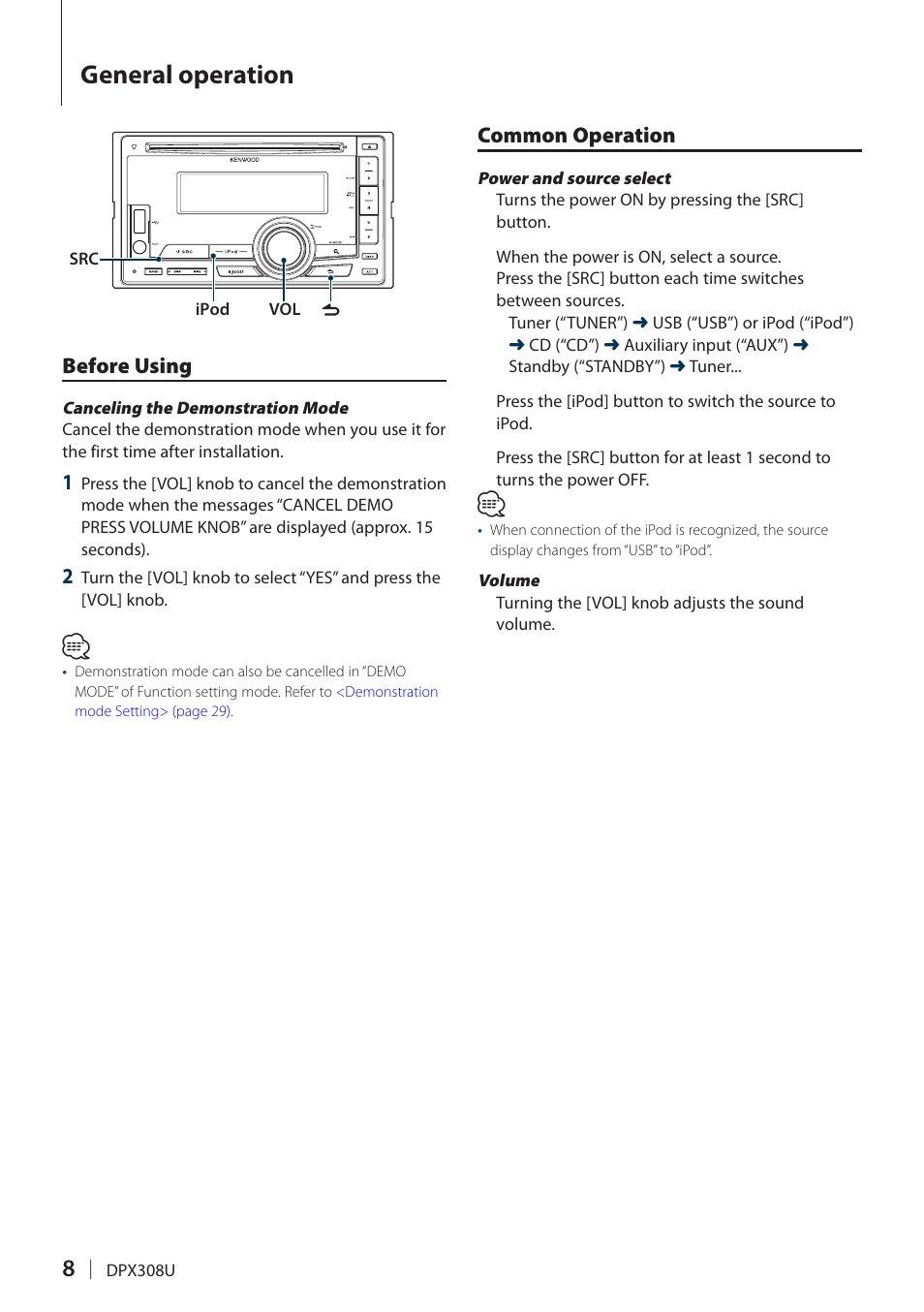 General operation, Before using, Common operation | Before using common operation | Kenwood DPX308U User Manual | Page 8 / 41