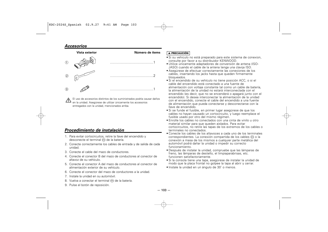 Accesorios, Procedimiento de instalacion | Kenwood KDC-2094 User Manual | Page 103 / 128