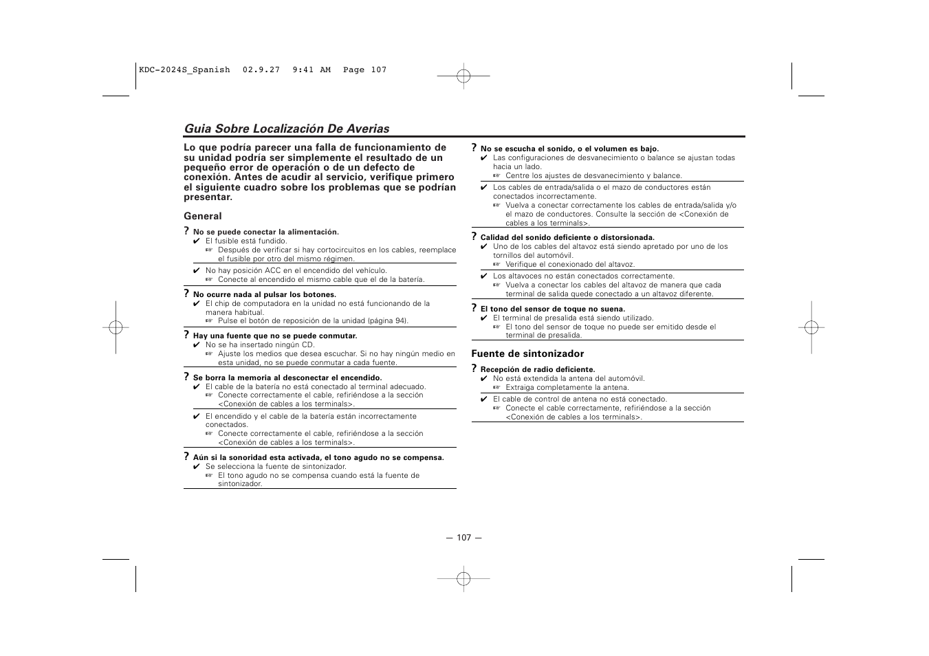 Guia sobre localizacion de averias, Guia sobre localización de averias | Kenwood KDC-2094 User Manual | Page 107 / 128